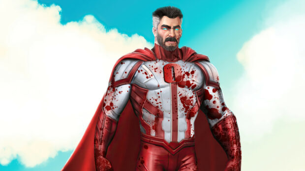 Invincible character with blood splattered on his red and white suit standing against a bright sky