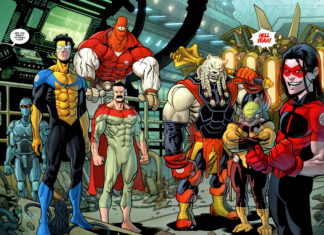 The invincible heroes team gather in a futuristic base ready for battle