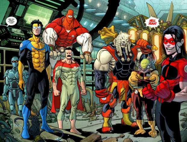 The invincible heroes team gather in a futuristic base ready for battle