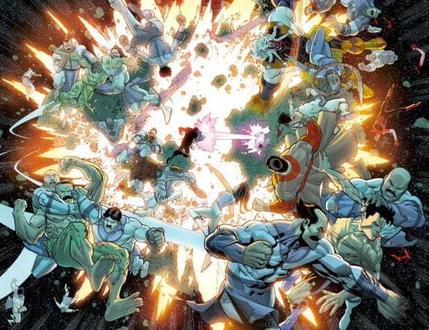 Heroes battling in an intense cosmic fight scene with invincible forces