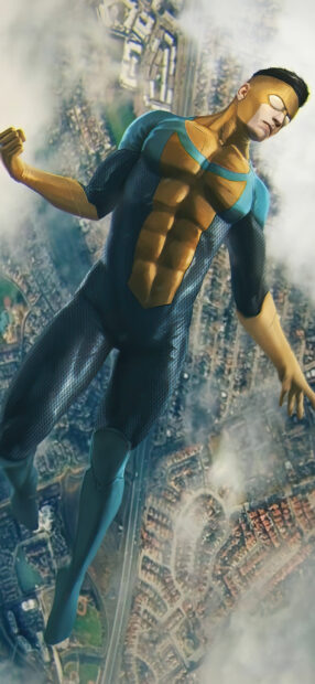Invincible character flying over a city with a strong confident pose