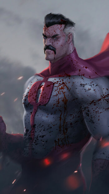 Invincible character with a mustache covered in blood standing with a serious expression