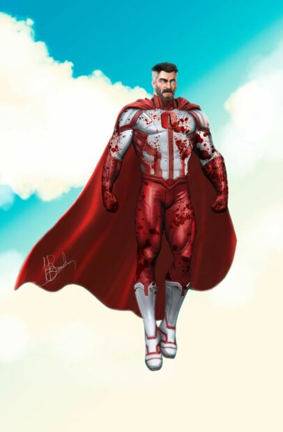 Invincible character with bloodstained red and white suit flying in the sky