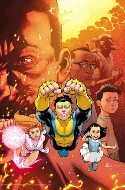 Invincible character and family members flying with intense background of fire and determination