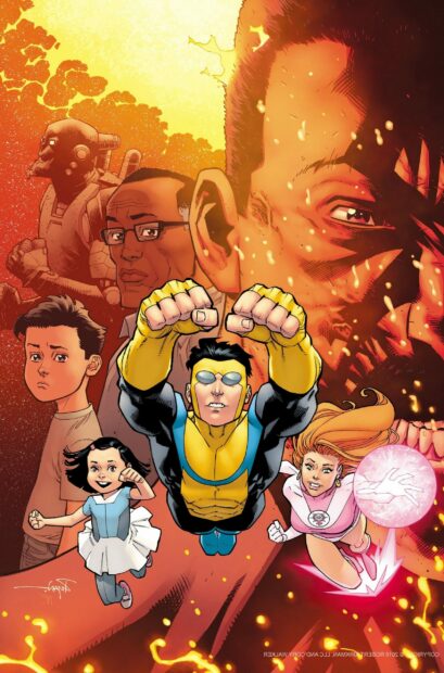Invincible hero flying with his family in a vibrant comic scene