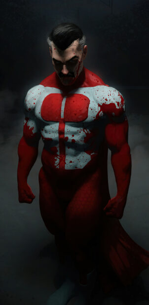 A muscular superhero with a mustache covered in blood stands in a dark environment displaying strength and resilience
