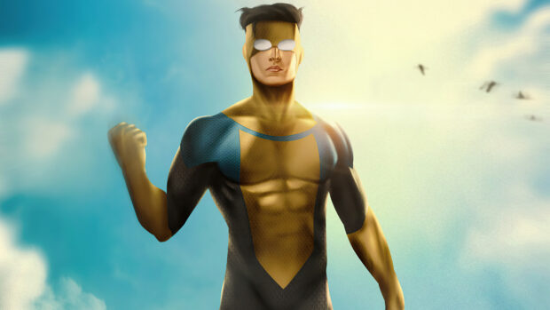 A muscular invincible superhero standing confidently under a bright sky with clouds and birds flying