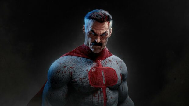 Invincible character with blood stains and glowing eyes in a powerful stance