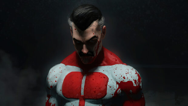 A dark invincible figure with a mustache and blood splattered suit standing in shadows