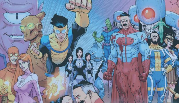 A group of invincible heroes and powerful characters ready for battle in comic style