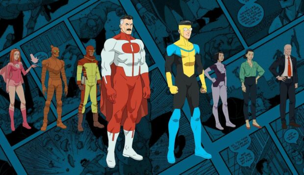 The invincible superhero team stands united against a comic book style background