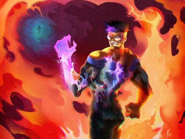A powerful invincible figure surrounded by energy and fire in a dynamic scene
