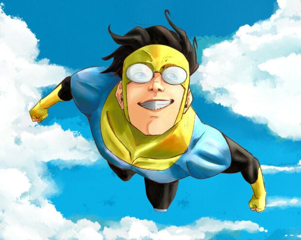 A smiling invincible character flying high above the clouds in a blue sky