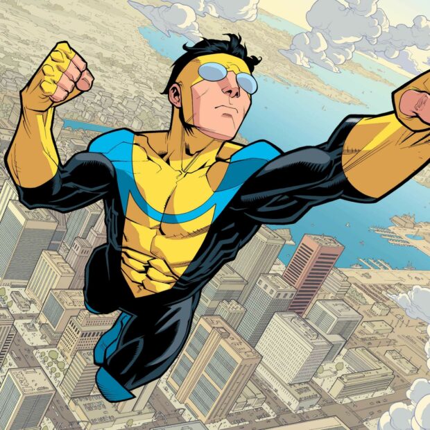 A superhero in black and yellow costume flying high above a cityscape with clouds