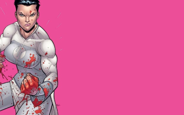 Female superhero invincible character with blood on hands and white suit