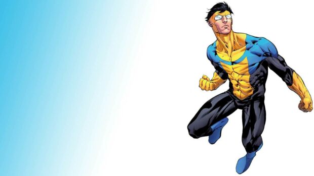Invincible character in blue and yellow costume flying against a gradient sky background