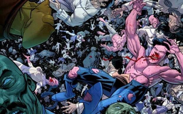 Invincible fighting against numerous enemies in space with intense combat scenes