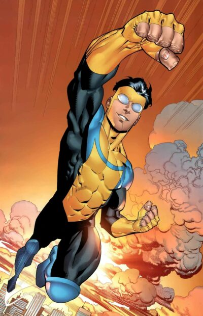 Male superhero in yellow and black suit flying above city at sunset with smoke clouds