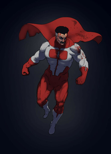 Muscular invincible character with blood stains and a torn cape flying forward