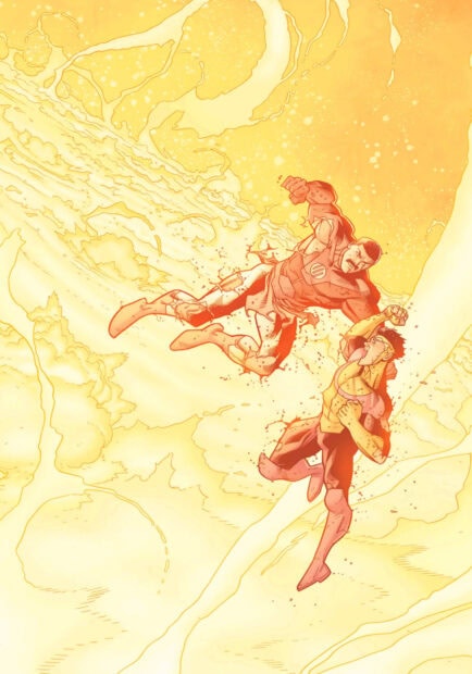Two invincible characters fighting fiercely in a bright yellow environment