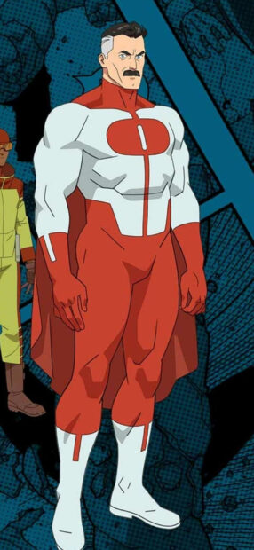 Animated invincible hero in red and white suit standing confidently with a mustache