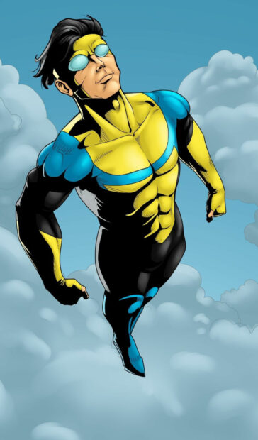Male superhero flying above the clouds in a yellow and blue suit