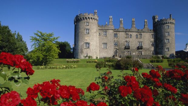 Historic Irish castle surrounded by vibrant red flowers and green gardens under a clear blue sky