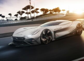 A futuristic Jaguar car racing on a track at sunset with motion blur effects