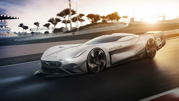 A futuristic Jaguar car racing on a track at sunset with motion blur effects