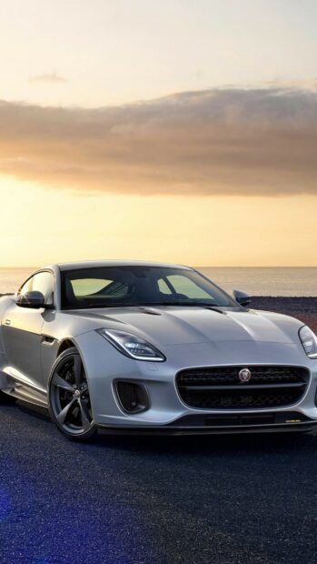 Silver Jaguar cars parked on asphalt near the ocean at sunset