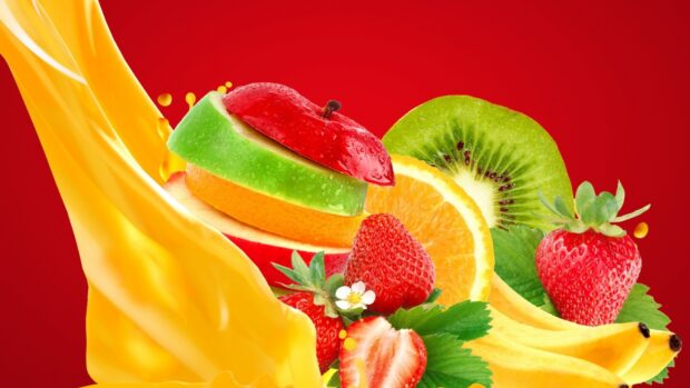 A vibrant juice composition featuring apple banana strawberry kiwi and orange slices