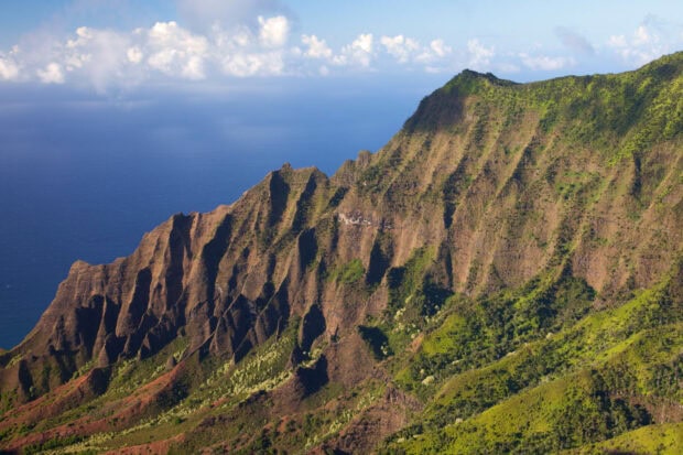 A breathtaking Kauai mountain range with vibrant greenery and ocean view in the background