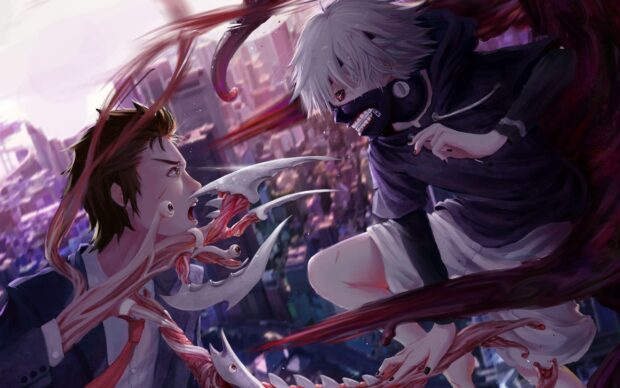 Ken Kaneki character in intense battle scene with kagune powers attacking an opponent