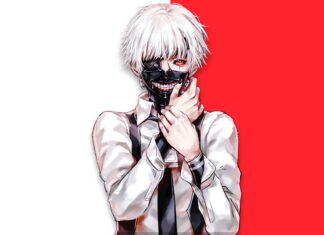 Ken Kaneki in a white shirt and black mask holding his neck with a red and white background