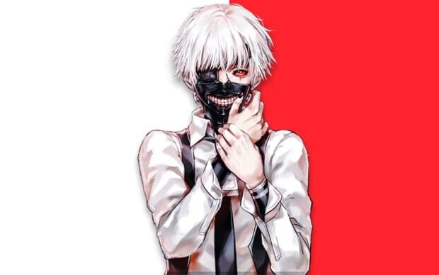 Ken Kaneki in a white shirt and black mask holding his neck with a red and white background
