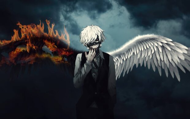 Ken Kaneki standing with one angel wing and one fiery wing under a dark cloudy sky