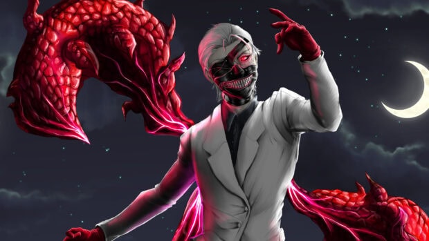 Ken Kaneki wearing a white suit with a black mask and glowing red eyes beside red dragon wings under the moonlight