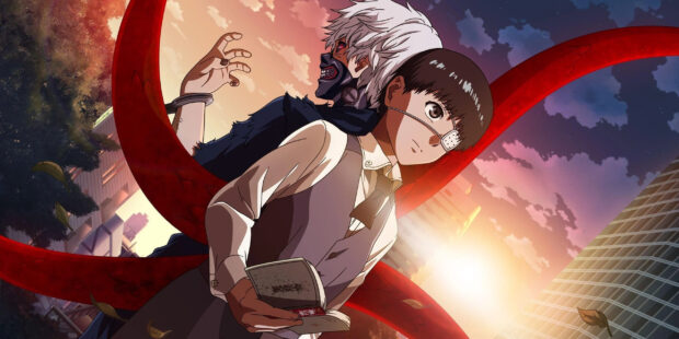 Ken Kaneki character holding a book with his ghoul form and red kagune behind him at sunset