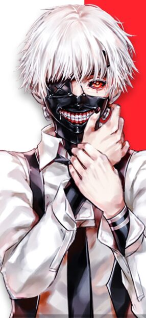 Ken Kaneki with white hair wearing a black mask showing a sinister smile