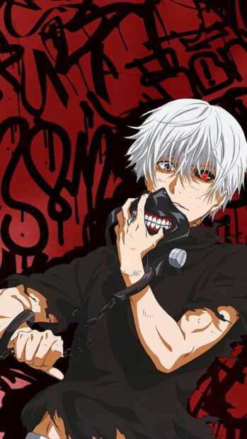 Ken Kaneki with white hair holding his mask against a red graffiti background