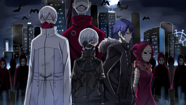 Ken Kaneki character with mask and white hair standing among masked figures in a dark cityscape at night