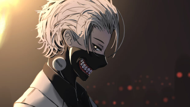 Ken Kaneki character with white hair and a black mask showing sharp teeth in a dark setting