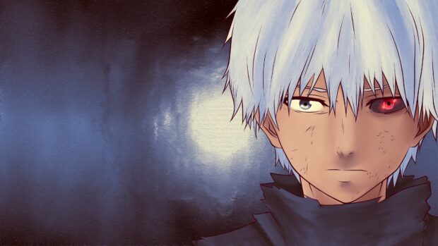 Ken Kaneki character with white hair and one glowing red eye in a dark moody scene