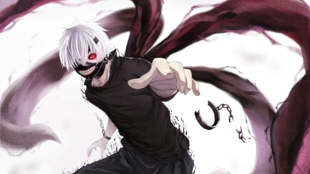 Ken Kaneki character with white hair and red eyes reaching forward wearing a black outfit and mask