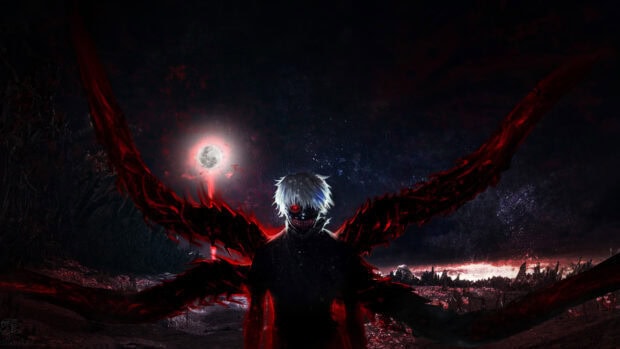 Ken Kaneki figure with white hair and red eyes standing in a dark landscape with glowing red tentacles and a full moon