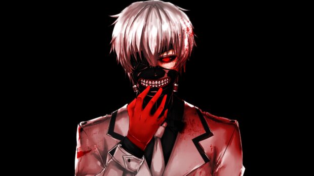 Ken Kaneki wearing a white suit with a red glove and a black mask showing teeth in a dark background