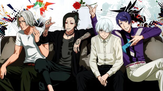 Ken Kaneki and friends sitting on a couch with vibrant graffiti style background