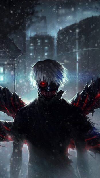 Ken Kaneki character with white hair and red eye in dark city at night