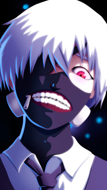 Ken Kaneki character with white hair and red eye wearing black mask in an intense expression