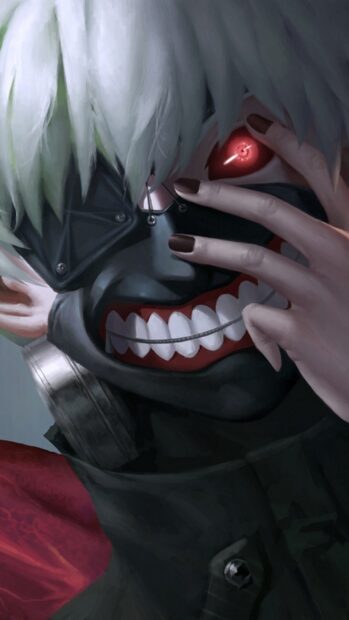 Ken Kaneki wearing a black mask with white teeth and red eye through fingers